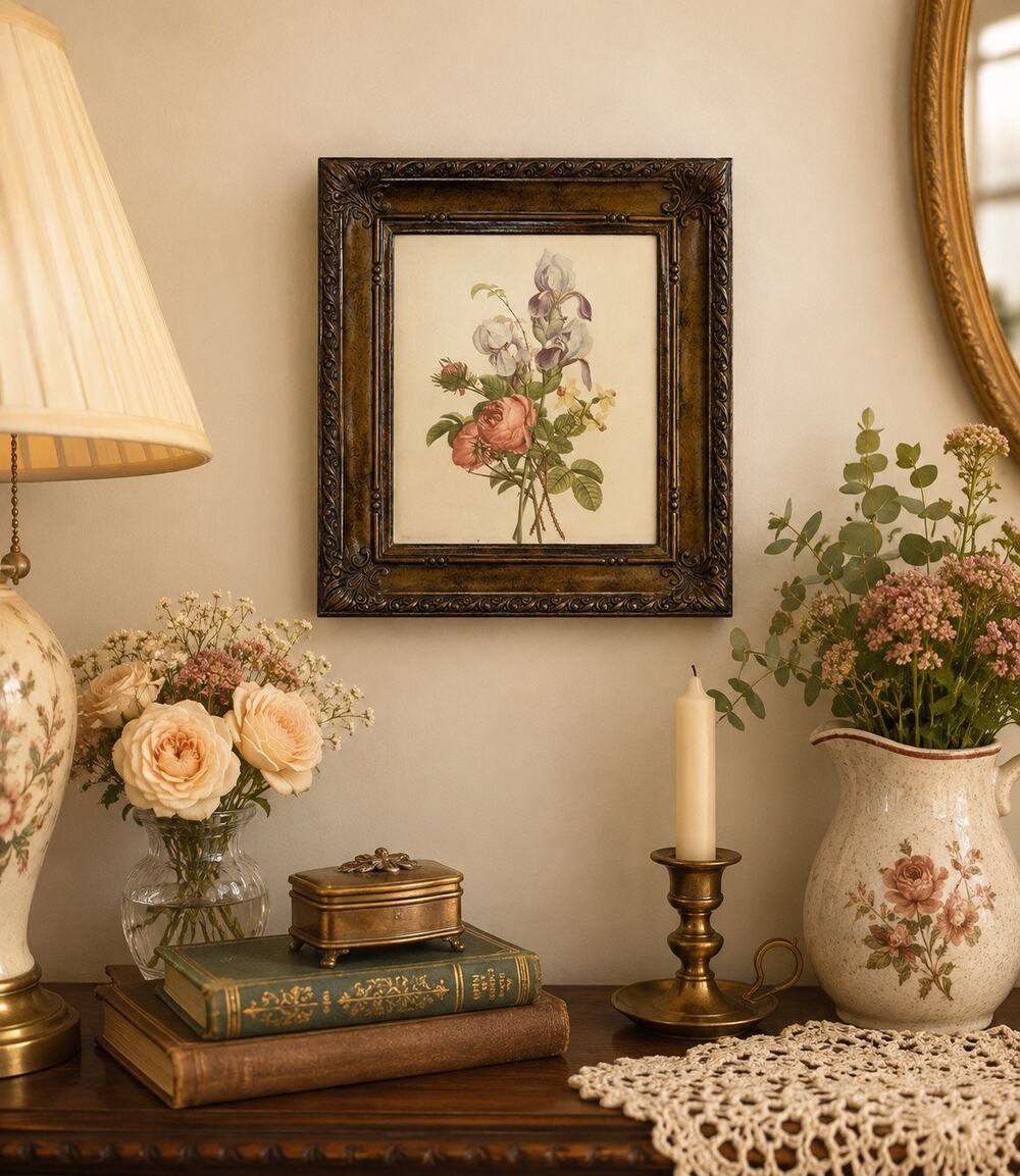 Vintage Framed Floral Botanical Print Roses Iris Ornate Gold Bronze 6x7 Cottage